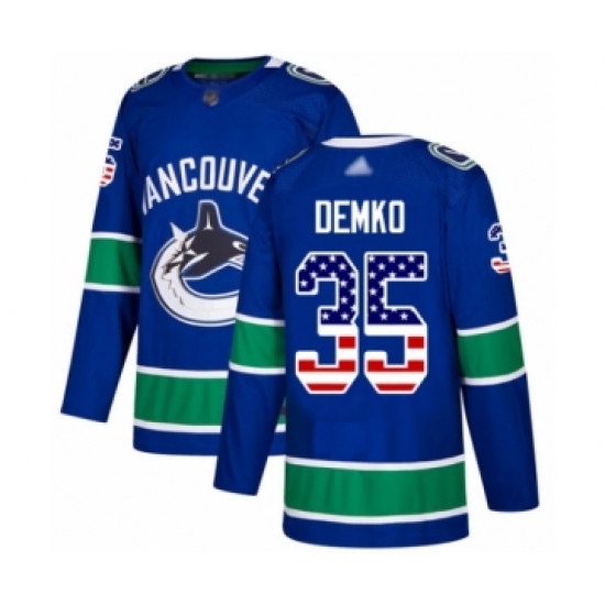 Men's Vancouver Canucks 35 Thatcher Demko Authentic Blue USA Flag Fashion Hockey Jersey