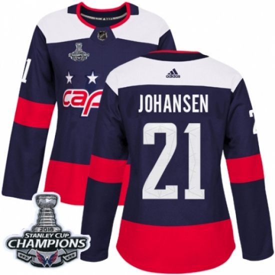 Women's Adidas Washington Capitals 21 Lucas Johansen Authentic Navy Blue 2018 Stadium Series 2018 Stanley Cup Final Champions NHL Jersey