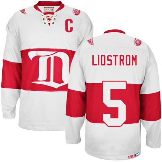 Men's CCM Detroit Red Wings 5 Nicklas Lidstrom Authentic White Winter Classic Throwback NHL Jersey