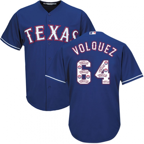 Men's Majestic Texas Rangers 64 Edinson Volquez Authentic Royal Blue Team Logo Fashion Cool Base MLB Jersey