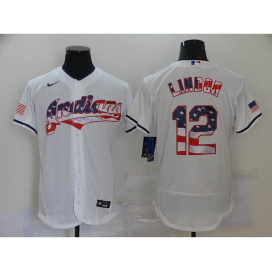 Men's Nike Cleveland Indians 12 Francisco Lindor White 2020 Stars & Stripes 4th of July Jersey