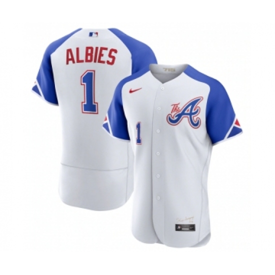 Men's Atlanta Braves 1 Ozzie Albies White 2023 City Connect Flex Base Stitched Jersey