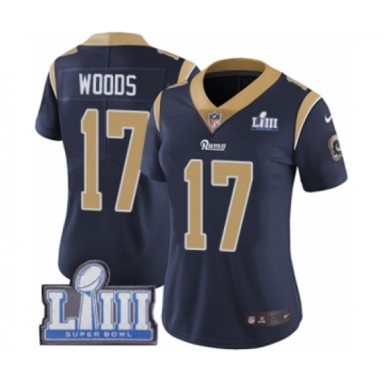 Women's Nike Los Angeles Rams 17 Robert Woods Navy Blue Team Color Vapor Untouchable Limited Player Super Bowl LIII Bound NFL Jersey