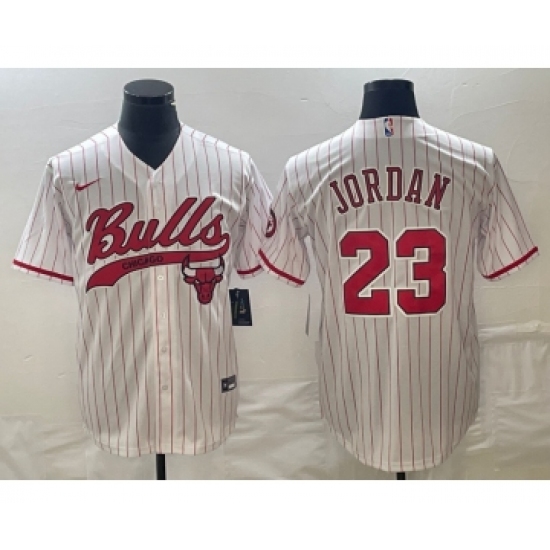 Men's Chicago Bulls 23 Michael Jordan White Pinstripe Cool Base Stitched Baseball Jersey