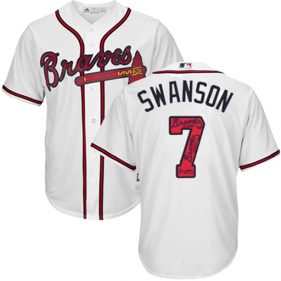 Men's Majestic Atlanta Braves 7 Dansby Swanson Authentic White Team Logo Fashion Cool Base MLB Jersey