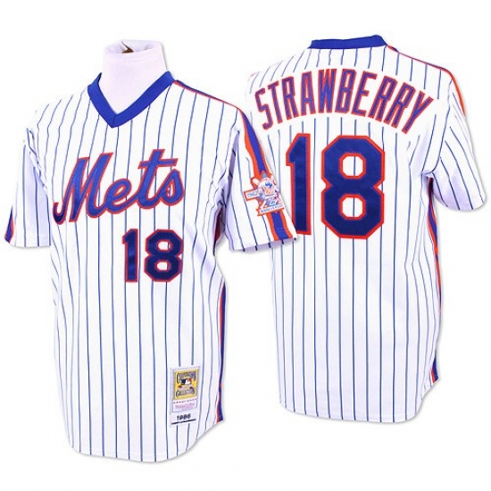 Men's Mitchell and Ness New York Mets 18 Darryl Strawberry Authentic White/Blue Strip Throwback MLB Jersey