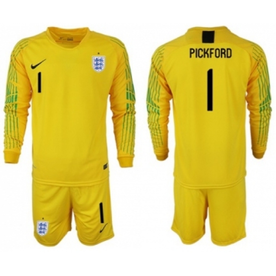 England 1 Pickford Yellow Long Sleeves Goalkeeper Soccer Country Jersey