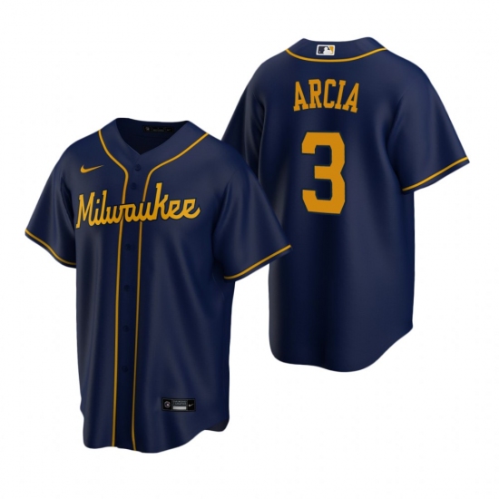 Men's Nike Milwaukee Brewers 3 Orlando Arcia Navy Alternate Stitched Baseball Jersey