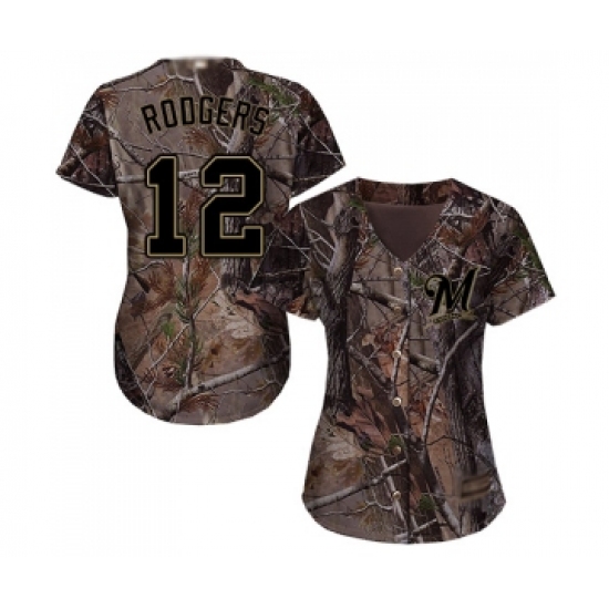 Women's Milwaukee Brewers 12 Aaron Rodgers Authentic Camo Realtree Collection Flex Base Baseball Jersey