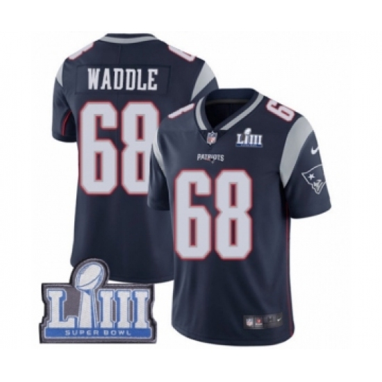 Youth Nike New England Patriots 68 LaAdrian Waddle Navy Blue Team Color Vapor Untouchable Limited Player Super Bowl LIII Bound NFL Jersey