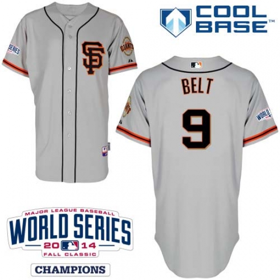 Men's Majestic San Francisco Giants 9 Brandon Belt Authentic Grey Road 2 Cool Base w/2014 World Series Patch MLB Jersey