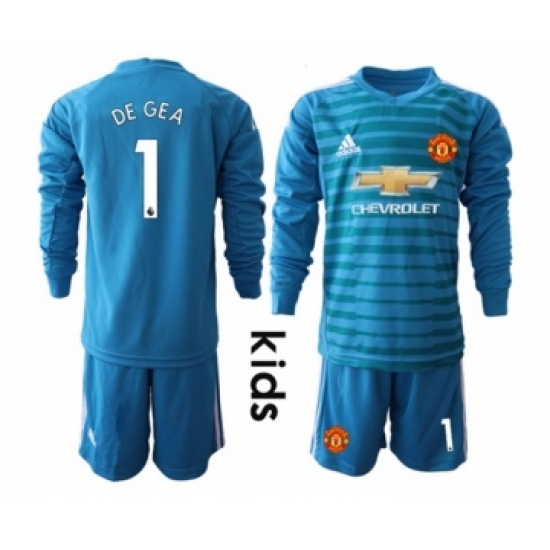 Manchester United 1 De Gea Blue Goalkeeper Long Sleeves Kid Soccer Club Jersey