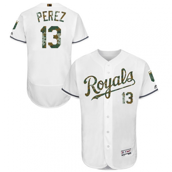 Men's Majestic Kansas City Royals 13 Salvador Perez Authentic White 2016 Memorial Day Fashion Flex Base MLB Jersey