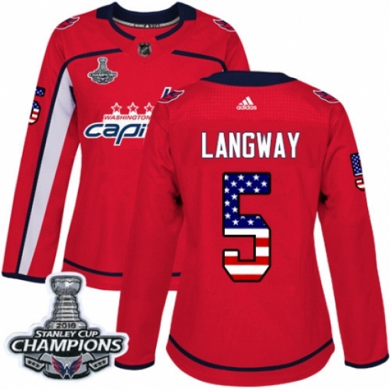 Women's Adidas Washington Capitals 5 Rod Langway Authentic Red USA Flag Fashion 2018 Stanley Cup Final Champions NHL Jersey