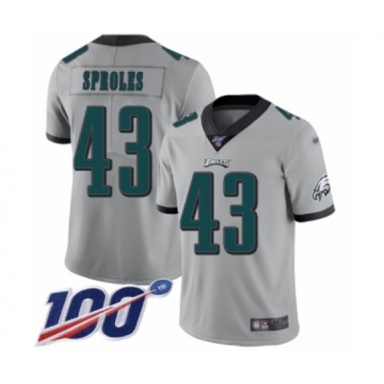 Men's Philadelphia Eagles 43 Darren Sproles Limited Silver Inverted Legend 100th Season Football Jersey