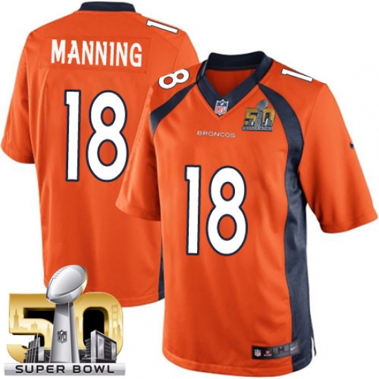 Youth Nike Denver Broncos 18 Peyton Manning Limited Orange Team Color Super Bowl 50 Bound NFL Jersey