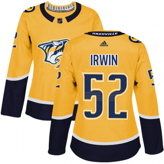 Women's Adidas Nashville Predators 52 Matt Irwin Authentic Gold Home NHL Jersey