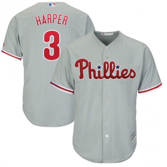 Men's Philadelphia Phillies 3 Bryce Harper Majestic Gray Official Cool Base Replica Player Jersey