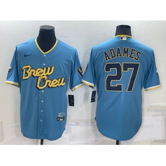 Men's Milwaukee Brewers 27 Willy Adames 2022 Powder Blue City Connect Cool Base Stitched Jersey