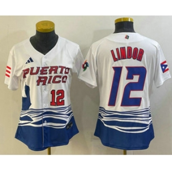 Women's Puerto Rico Baseball 12 Francisco Lindor Number 2023 White World Classic Stitched Jerseys