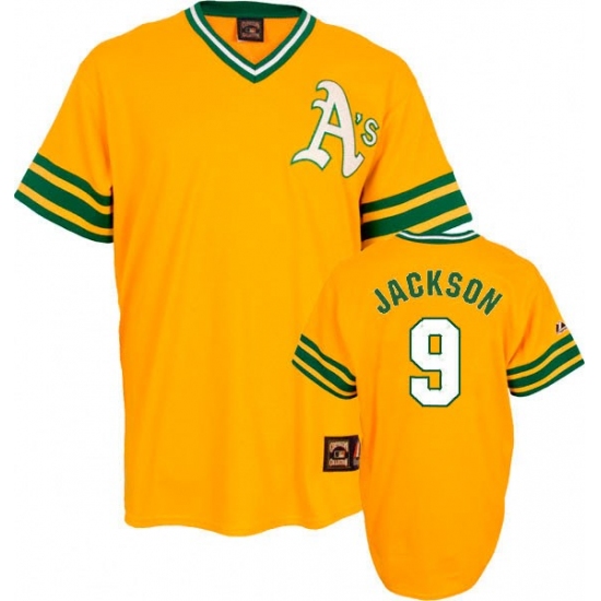 Men's Mitchell and Ness Oakland Athletics 9 Reggie Jackson Authentic Gold Throwback MLB Jersey