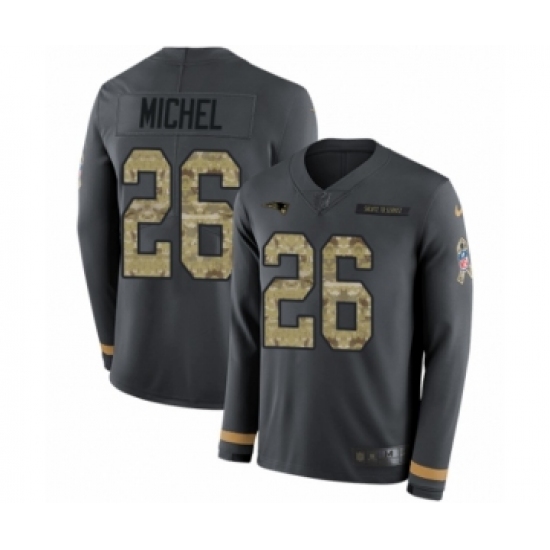 Men's Nike New England Patriots 26 Sony Michel Limited Black Salute to Service Therma Long Sleeve NFL Jersey