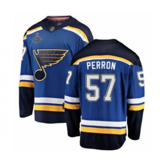 Youth St. Louis Blues 57 David Perron Fanatics Branded Royal Blue Home Breakaway 2019 Stanley Cup Champions Hockey Jersey