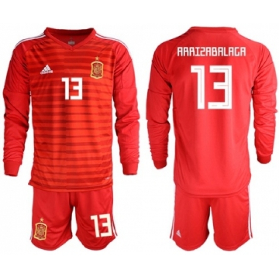 Spain 13 Arrizabalaga Red Long Sleeves Goalkeeper Soccer Country Jersey