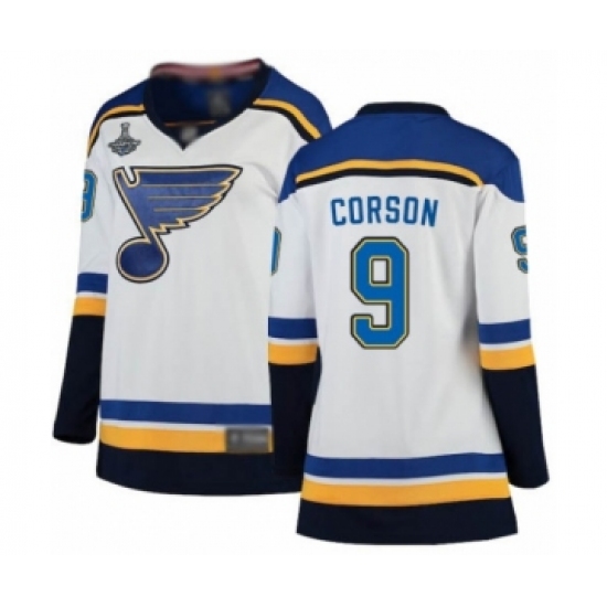 Women's St. Louis Blues 9 Shayne Corson Fanatics Branded White Away Breakaway 2019 Stanley Cup Champions Hockey Jersey