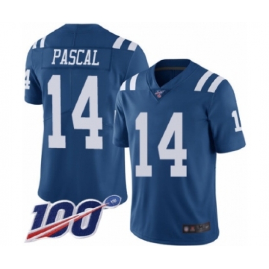 Men's Indianapolis Colts 14 Zach Pascal Limited Royal Blue Rush Vapor Untouchable 100th Season Football Jersey