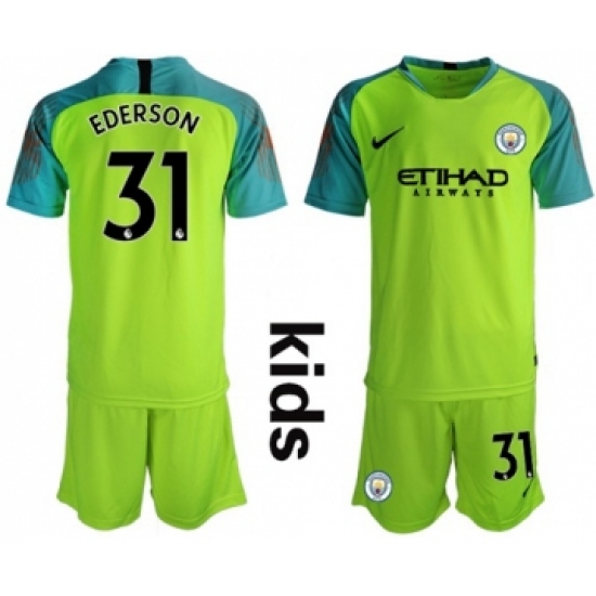 Manchester City 31 Ederson Shiny Green Goalkeeper Kid Soccer Club Jersey