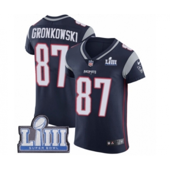 Men's Nike New England Patriots 87 Rob Gronkowski Navy Blue Team Color Vapor Untouchable Elite Player Super Bowl LIII Bound NFL Jersey