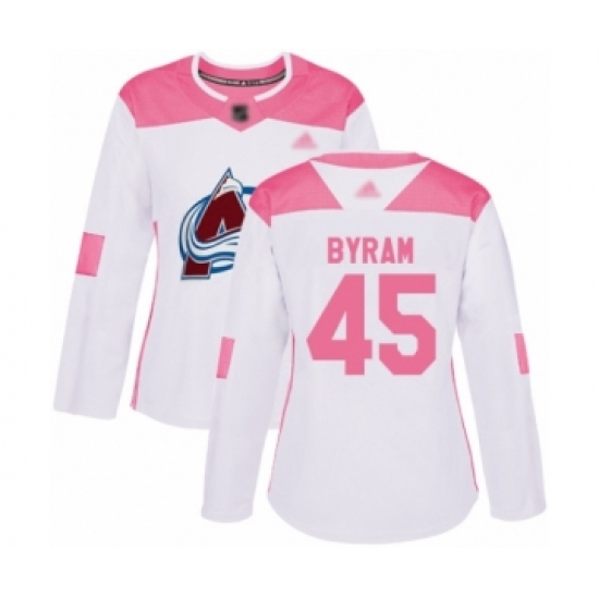 Women's Colorado Avalanche 45 Bowen Byram Authentic White Pink Fashion Hockey Jersey