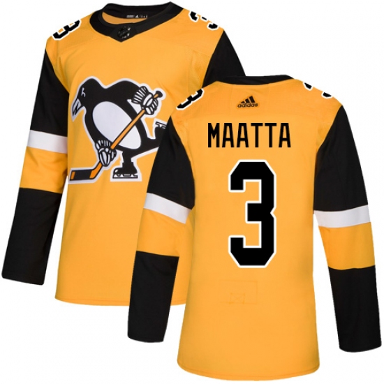 Men's Adidas Pittsburgh Penguins 3 Olli Maatta Premier Gold Alternate NHL Jersey