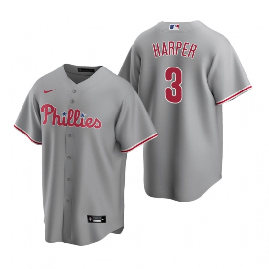 Men's Nike Philadelphia Phillies 3 Bryce Harper Gray Road Stitched Baseball Jersey