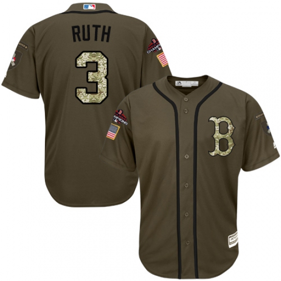 Men's Majestic Boston Red Sox 3 Babe Ruth Authentic Green Salute to Service 2018 World Series Champions MLB Jersey