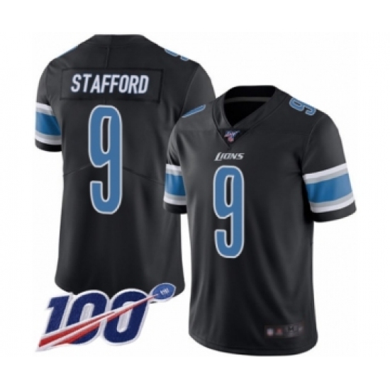 Men's Detroit Lions 9 Matthew Stafford Limited Black Rush Vapor Untouchable 100th Season Football Jersey