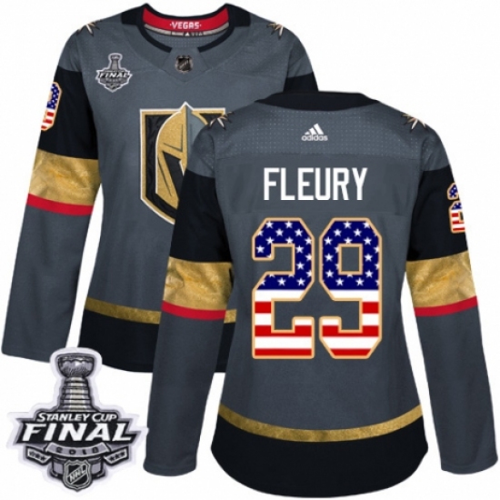 Women's Adidas Vegas Golden Knights 29 Marc-Andre Fleury Authentic Gray USA Flag Fashion 2018 Stanley Cup Final NHL Jersey