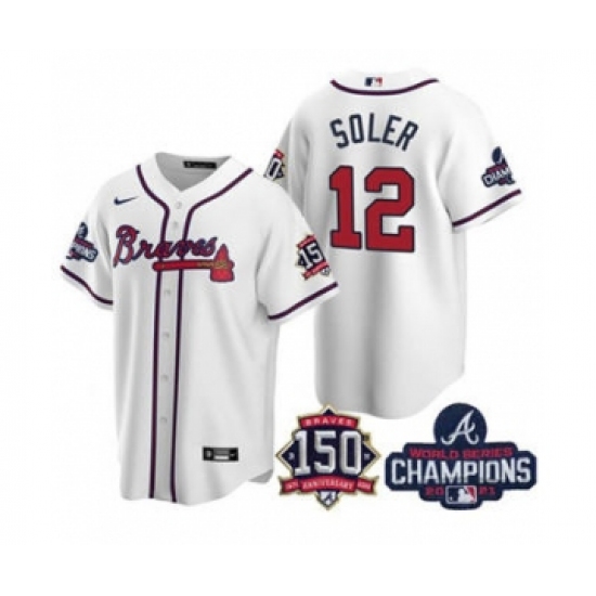 Men's Atlanta Braves 12 Jorge Soler 2021 White World Series Champions With 150th Anniversary Patch Cool Base Stitched Jersey
