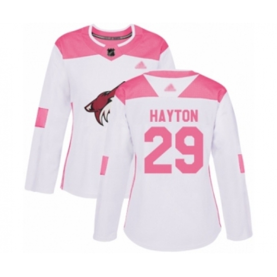 Women's Arizona Coyotes 29 Barrett Hayton Authentic White Pink Fashion Hockey Jersey