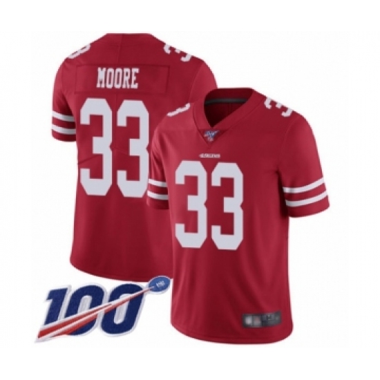 Men's San Francisco 49ers 33 Tarvarius Moore Red Team Color Vapor Untouchable Limited Player 100th Season Football Jersey