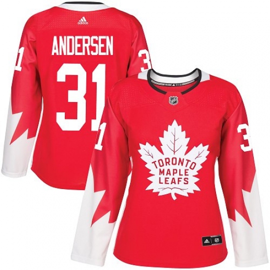 Women's Adidas Toronto Maple Leafs 31 Frederik Andersen Authentic Red Alternate NHL Jersey