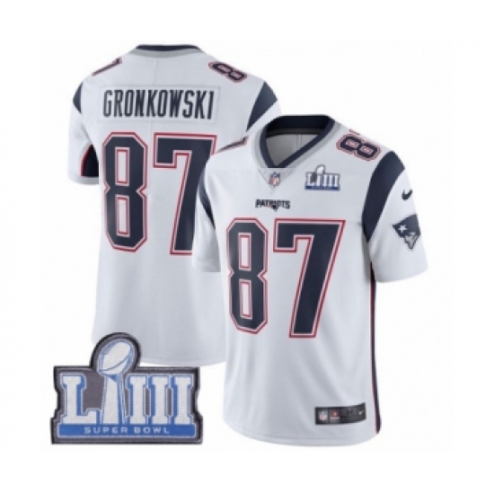 Men's Nike New England Patriots 87 Rob Gronkowski White Vapor Untouchable Limited Player Super Bowl LIII Bound NFL Jersey