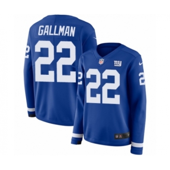 Women's Nike New York Giants 22 Wayne Gallman Limited Royal Blue Therma Long Sleeve NFL Jersey