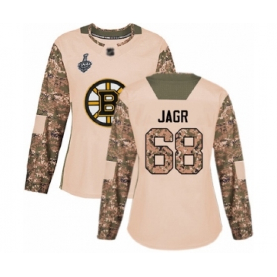 Women's Boston Bruins 68 Jaromir Jagr Authentic Camo Veterans Day Practice 2019 Stanley Cup Final Bound Hockey Jersey