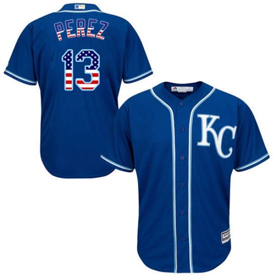 Men's Majestic Kansas City Royals 13 Salvador Perez Authentic Royal Blue USA Flag Fashion MLB Jersey