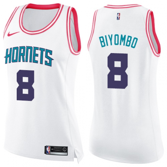 Women's Nike Charlotte Hornets 8 Bismack Biyombo Swingman White Pink Fashion NBA Jersey