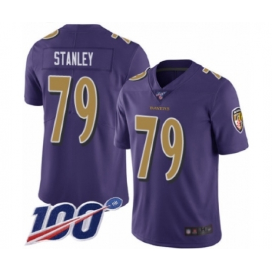 Men's Baltimore Ravens 79 Ronnie Stanley Limited Purple Rush Vapor Untouchable 100th Season Football Jersey