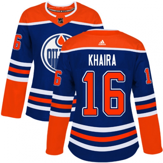 Women's Adidas Edmonton Oilers 16 Jujhar Khaira Authentic Royal Blue Alternate NHL Jersey