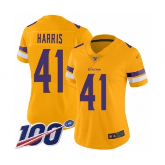 Women's Minnesota Vikings 41 Anthony Harris Limited Gold Inverted Legend 100th Season Football Jersey